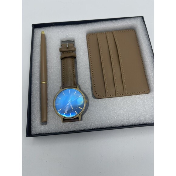 Watch, Ballpoint Ink Pen @ Credit Card Holder In Tan Gift Set New - Picture 2 of 9